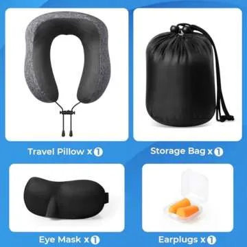ExploreBliss Travel Pillow, Travel Pillows for Sleeping Airplane, Removable Cover Neck Pillow with Adjustable Clasp, Memory Foam Neck Pillow Set with Eye Mask, Earplugs and Storage Bag (Dark Grey)