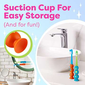 Trueocity Kids Toothbrush 4 Pack - Soft Contoured Bristles - Child Sized Brush Heads (3-10 Year Old) - Suction Cup for Fun & Easy Storage - Girl & Boy Set (Blue & Orange)