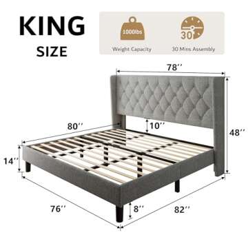 iPormis King Size Platform Bed Frame with Button Tufted Headboard, Upholstered Bed Frame with Solid ...