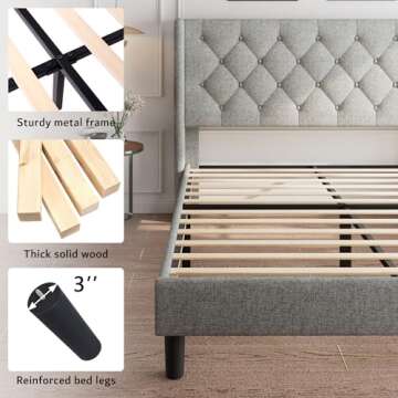 iPormis King Size Platform Bed Frame with Button Tufted Headboard, Upholstered Bed Frame with Solid Wooden Slats, 8" Underbed Space, No Box Spring Needed, Noise Free, Easy Assembly, Light Gray