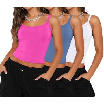 WIHOLL Tank Top for Women Fashion Spaghetti Strap Shirts Casual Basics Crop Tops for Women Cute Summer Clothes 3 Pack Pink Blue White S