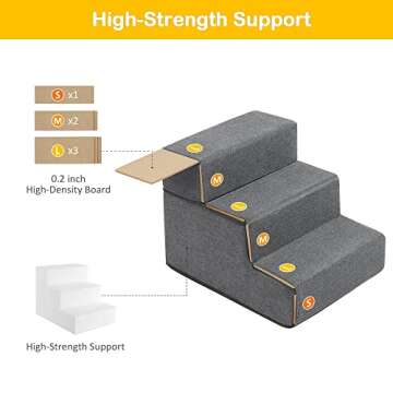 Sted Pet Stairs, Dog Stairs 3 Steps, High Density Foam Dog Steps for Beds Couch, Non-Slip Foldable Pet Stairs with Cardboard, Removable Washable Cover, Ideal for Older Injured Small Dog Cat, Grey