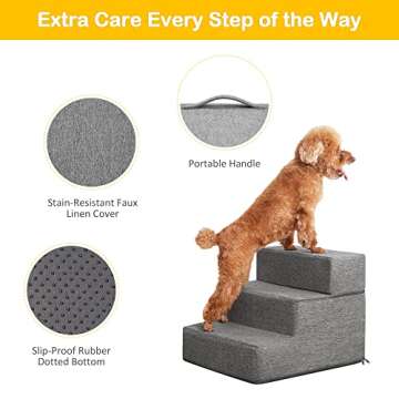 Sted Pet Stairs, Dog Stairs 3 Steps, High Density Foam Dog Steps for Beds Couch, Non-Slip Foldable Pet Stairs with Cardboard, Removable Washable Cover, Ideal for Older Injured Small Dog Cat, Grey