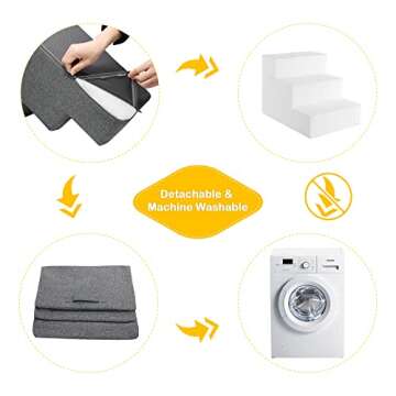 Sted Pet Stairs, Dog Stairs 3 Steps, High Density Foam Dog Steps for Beds Couch, Non-Slip Foldable Pet Stairs with Cardboard, Removable Washable Cover, Ideal for Older Injured Small Dog Cat, Grey