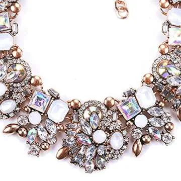 Zthread Bib Statement Necklace Rhinstone Beads Collar Necklace Colorful Crystal Choker Collar Necklace Women Fashion Jewelry Necklace (White)