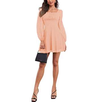 LYANER Women's Polka Dots Square Neck A line Long Sleeve Swiss Dots Mini Dress Light Orange Small