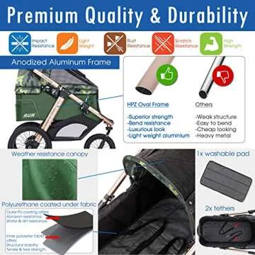 HPZ Pet Rover Run Performance Jogging Sports Stroller with Comfort Rubber Wheels/Zipper-Less Entry/1-Hand Quick Fold/Aluminum Frame for Small/Medium Dogs, Cats and Pets (Green Camo)