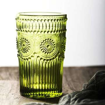 Kingrol 6 Pack 12 oz Vintage Drinking Glasses, Embossed Romantic Water Glassware, Glass Tumbler Set for Juice, Beverages, Beer, Cocktail (Green)