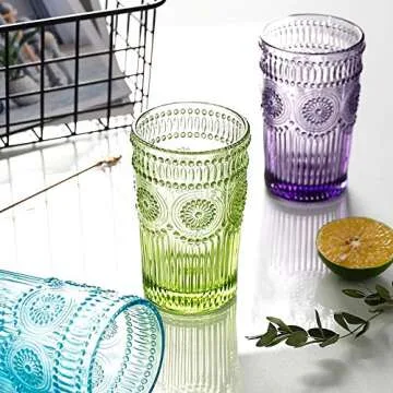 Kingrol 6 Pack 12 oz Vintage Drinking Glasses, Embossed Romantic Water Glassware, Glass Tumbler Set for Juice, Beverages, Beer, Cocktail (Green)
