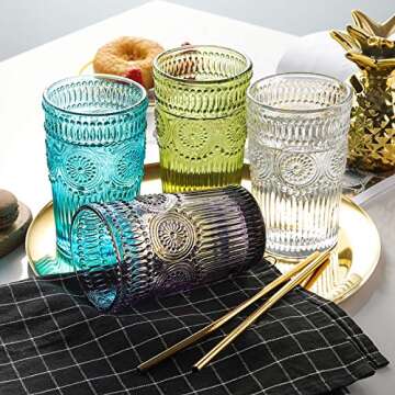 Kingrol 6 Pack 12 oz Vintage Drinking Glasses, Embossed Romantic Water Glassware, Glass Tumbler Set for Juice, Beverages, Beer, Cocktail (Green)