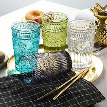 Kingrol 6 Pack 12 oz Vintage Drinking Glasses, Embossed Romantic Water Glassware, Glass Tumbler Set for Juice, Beverages, Beer, Cocktail (Green)