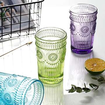 Kingrol 6 Pack 12 oz Vintage Drinking Glasses, Embossed Romantic Water Glassware, Glass Tumbler Set for Juice, Beverages, Beer, Cocktail (Green)