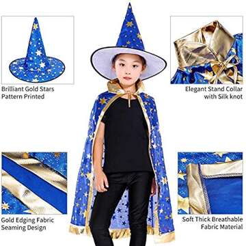 Jackcell Wizard Cape Witch Cloak with Hat and Pumpkin Bag, Halloween Costume Props for Kids Cosplay Party
