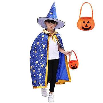 Jackcell Wizard Cape Witch Cloak with Hat and Pumpkin Bag, Halloween Costume Props for Kids Cosplay Party