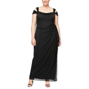 Alex Evenings Women's Plus Size Long Cold Shoulder Dress with Ruched Skirt