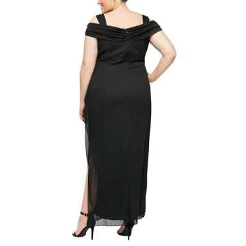 Alex Evenings Women's Plus Size Long Cold Shoulder Dress with Ruched Skirt