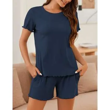 Ekouaer Womens Pajamas 2 Piece Ribbed Knit Pjs Short Sleeve Sleepwear Set Summer Soft Pajamas Set Casual Lounge Sets Navy Blue M