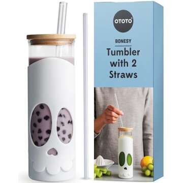 OTOTO Spooky Bundle of 4 Elizabat Kitchen Scissors + Scary Poppings Microwave Popcorn Popper + Bonesy Glass Tumbler with Straws and Lid + Meat Munchers Meat Shredder