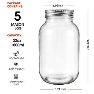 Luckore Mason Jars 32 oz Set of 5 - Airtight Canning Jars for Meal Prep