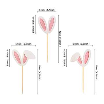 Ercadio 24 Pack Bunny Ear Cupcake Toppers - Glitter Rabbit Ears Cake Picks for Easter and Spring Par...
