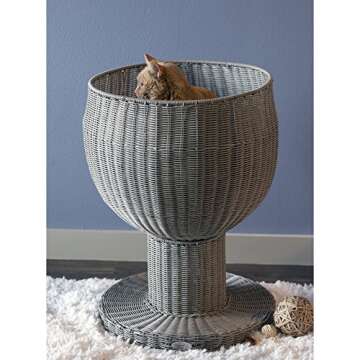 THE REFINED FELINE Kitty Ball Cat Bed Cave for Indoor Cats in Smoke, Claw-Proof Faux Rattan Cat Furn...
