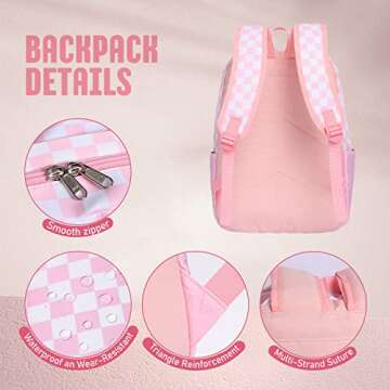 UREYMX Checkered Backpack School Backpack Boys Girls Backpacks for Kids Large Capacity Waterproof Lightweight Backpack Pink