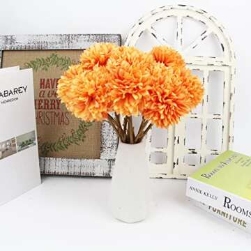 Tinsow 12 Pcs Artificial Chrysanthemum Flowers Orange Faux Ball Flowers Autumn Mums Florals Wedding Bouquet for Fall Farmhouse Home Kitchen Decoration (12, Orange)