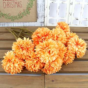 Tinsow 12 Pcs Artificial Chrysanthemum Flowers Orange Faux Ball Flowers Autumn Mums Florals Wedding Bouquet for Fall Farmhouse Home Kitchen Decoration (12, Orange)