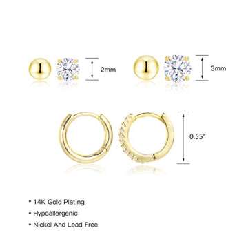 Earring Sets for Multiple Piercing | 14K Gold Plated Studs Earrings and Hoops Set Hypoallergenic Small Hoop CZ Ball Studs Earing for Women Trendy（6 Pairs）