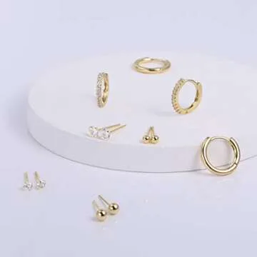 Earring Sets for Multiple Piercing | 14K Gold Plated Studs Earrings and Hoops Set Hypoallergenic Small Hoop CZ Ball Studs Earing for Women Trendy（6 Pairs）