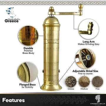 Ancient Mills European Brass 8" Pepper Mill Handcrafted Manuel Brass Pepper Spice Mill Adjustable Co...