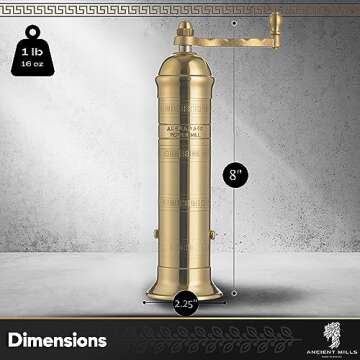 Ancient Mills European Brass 8" Pepper Mill Handcrafted Manuel Brass Pepper Spice Mill Adjustable Coarseness & Refillable Pepper Grinder, Handcrafted Greek Spice Grinder