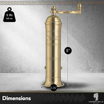 Ancient Mills European Brass 8" Pepper Mill Handcrafted Manuel Brass Pepper Spice Mill Adjustable Coarseness & Refillable Pepper Grinder, Handcrafted Greek Spice Grinder