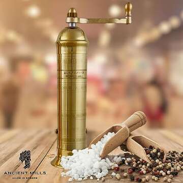 Ancient Mills European Brass 8" Pepper Mill Handcrafted Manuel Brass Pepper Spice Mill Adjustable Coarseness & Refillable Pepper Grinder, Handcrafted Greek Spice Grinder