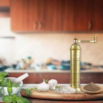 Ancient Mills European Brass 8" Pepper Mill Handcrafted Manuel Brass Pepper Spice Mill Adjustable Coarseness & Refillable Pepper Grinder, Handcrafted Greek Spice Grinder