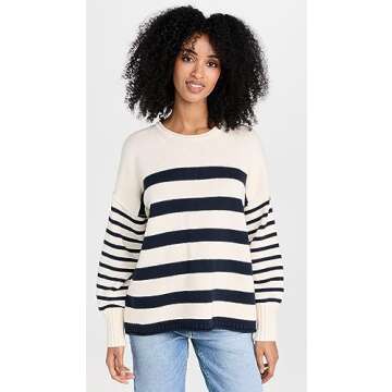 Madewell Women's Conway Pullover Sweater in Mixed Stripe, Antique Cream/Bluestone, S