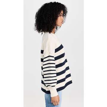 Madewell Women's Conway Pullover Sweater in Mixed Stripe, Antique Cream/Bluestone, S