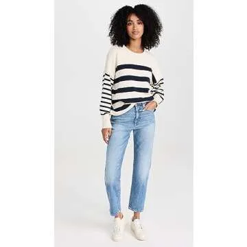 Madewell Women's Conway Pullover Sweater in Mixed Stripe, Antique Cream/Bluestone, S