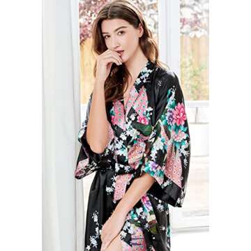 BABEYOND Women's Kimono Robe Long Satin Silky Robes with Peacock and Blossoms Printed Kimono Nightgown