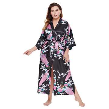 BABEYOND Women's Kimono Robe Long Satin Silky Robes with Peacock and Blossoms Printed Kimono Nightgown