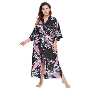 BABEYOND Women's Kimono Robe Long Satin Silky Robes with Peacock and Blossoms Printed Kimono Nightgown