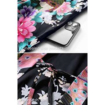 BABEYOND Women's Kimono Robe Long Satin Silky Robes with Peacock and Blossoms Printed Kimono Nightgown
