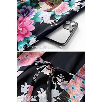 BABEYOND Women's Kimono Robe Long Satin Silky Robes with Peacock and Blossoms Printed Kimono Nightgown