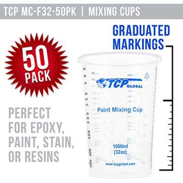 TCP Global 32 Ounce Disposable Flexible Clear Graduated Plastic Mixing Cups - Box of 50 for Paint, R...