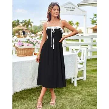 GRACE KARIN Sundresses for Women 2024 Trendy Summer Spaghetti Strap Swing A Line Flowy Dress Tie Front Flowy Beach Black Dress M