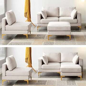 93" Convertible Sectional Sofa Couch, L-Shaped Couch with Reversible Ottoman, Modern Linen Fabric 3 ...