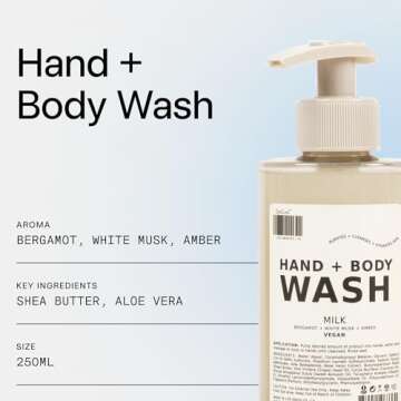 DedCool Hand + Body Wash (Milk, 8.5 fl oz) Natural Hydrating Body Wash Pump, Liquid Hand & Body Soap, Moisturizing Hand & Body Cleanser, Cruelty-free & Vegan, Non-Toxic, Luxury Fragrance