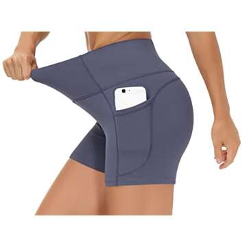 THE GYM PEOPLE High Waist Yoga Shorts for Women Tummy Control Fitness Athletic Workout Running Shorts with Deep Pockets (Small, Ink Blue)