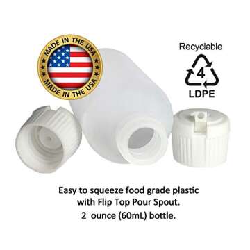 510 Central Flip Top Spout Squeeze Bottles (2oz, 25 Pack) Boston Round with Dispensing Caps - LDPE Plastic - Made in USA
