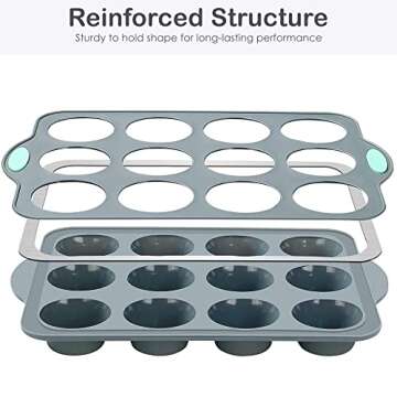 Chicrinum Silicone Muffin Pan, Non-Stick 12-Cup Food Grade Silicone Cupcake Pan, Silicone Baking Pan with Metal Reinforced Frame More Strength
